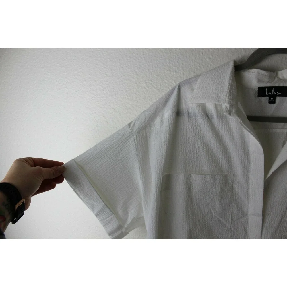 Lulu's White Button Up Down Dress Lined Size Medium Pockets - Picture 4 of 7